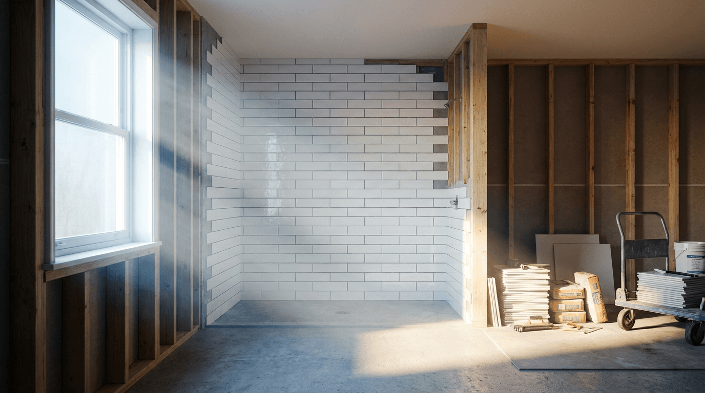 Badkamer onder renovatie met nieuwe tegels en een afgedekte toilet