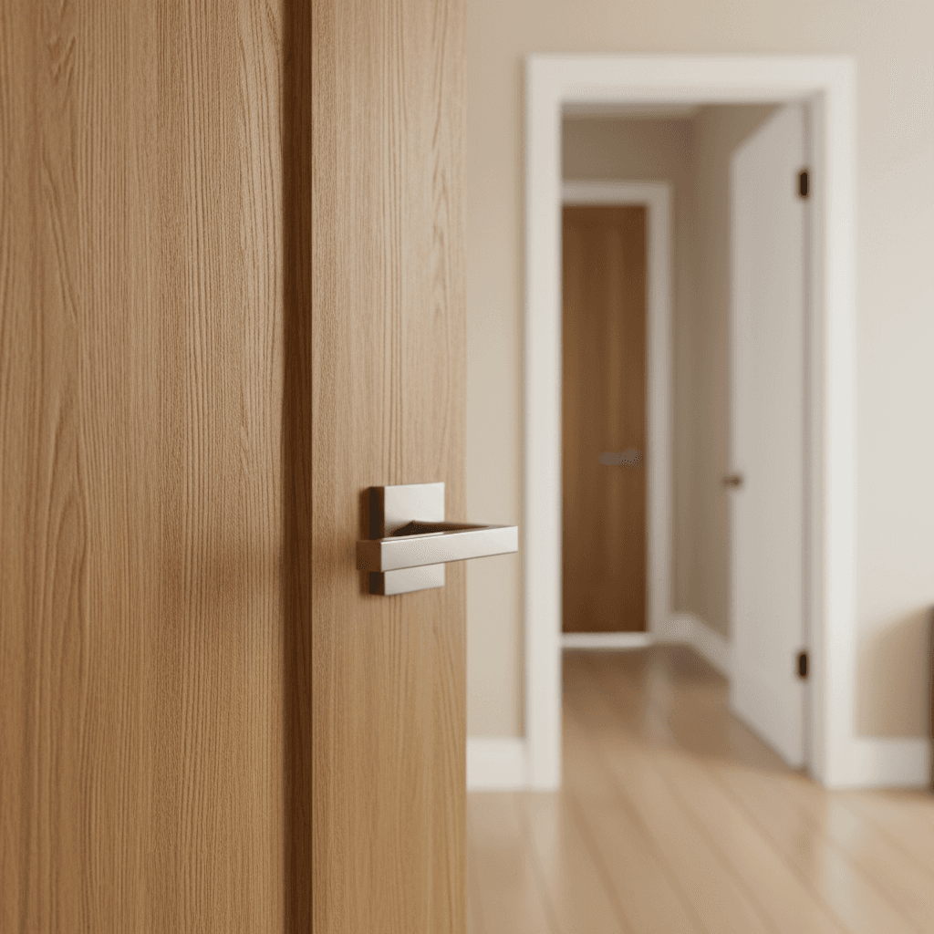 Detail van geverfde deur met handgemaakte houten greep, met kwaliteitsafwerking