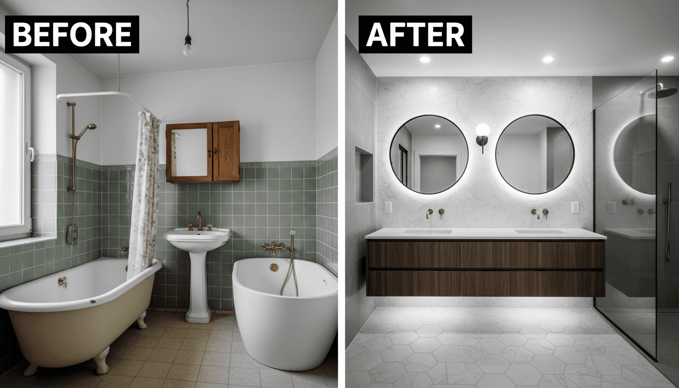 Toiletrenovatie voor en na, met oude naar nieuwe transformatie