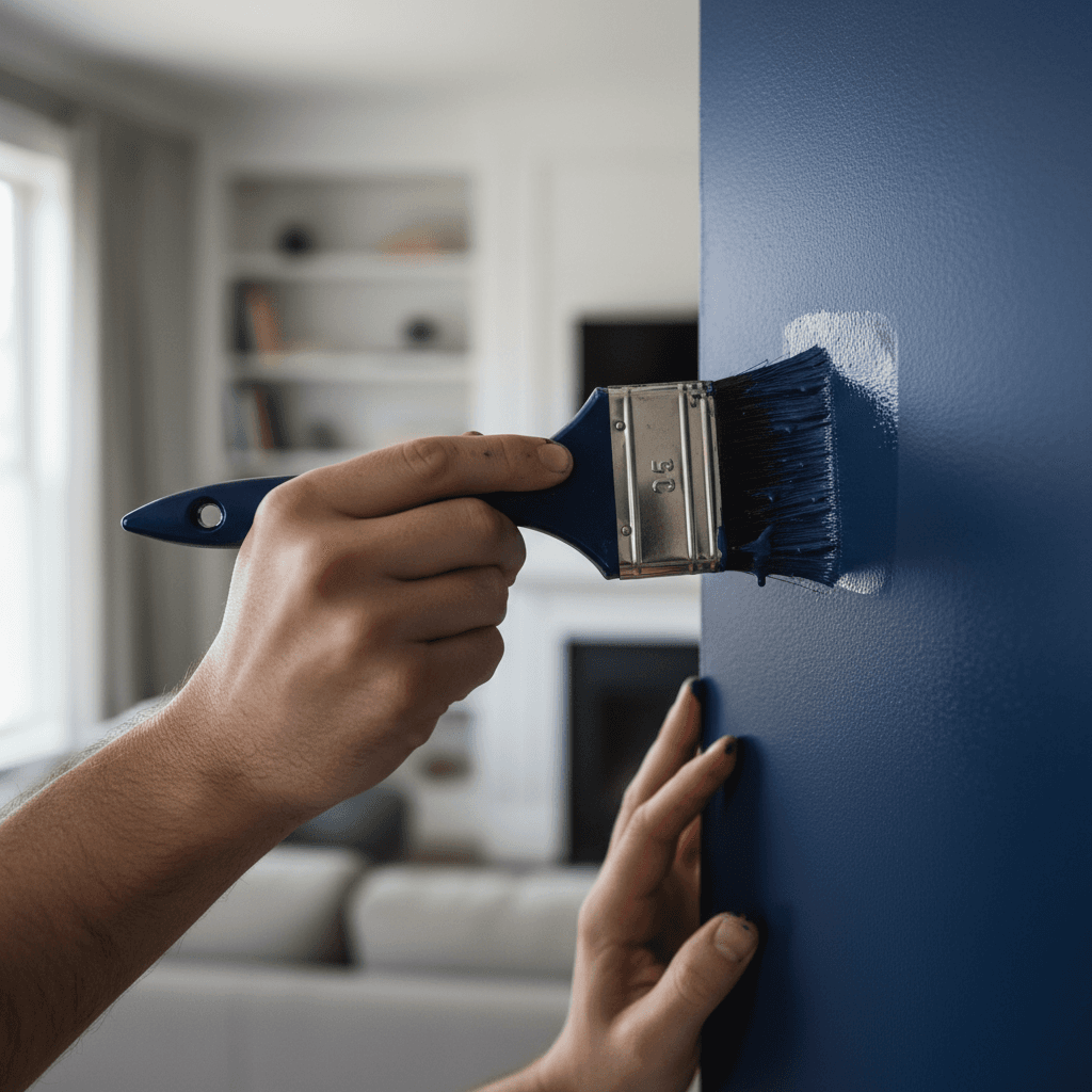 Close-up van een kwast die blauwe verf aanbrengt op een raamkozijn in een zonovergoten kamer